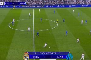 按著打！比賽皇馬vs馬賽僅過(guò)15分鐘，皇馬已射門(mén)8腳