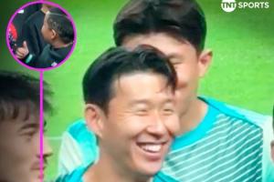 可愛??對(duì)陣巴拉圭合影環(huán)節(jié)，孫興慜與SONNY發(fā)型的小球迷打招呼