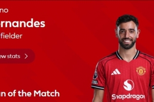 2射1傳統(tǒng)治賽場！官方：B費當選曼聯(lián)4-1狼隊的球迷票選最佳球員